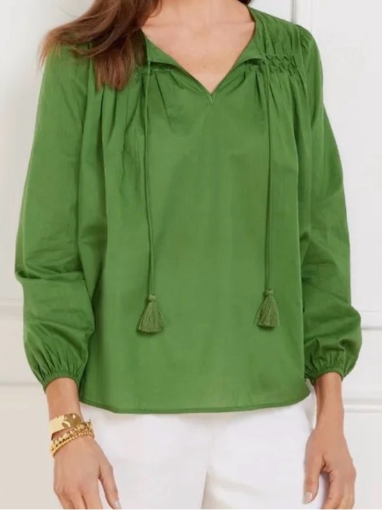 Talbots Tops - Talbots Olive Green Smocked Tassel Peasant Top